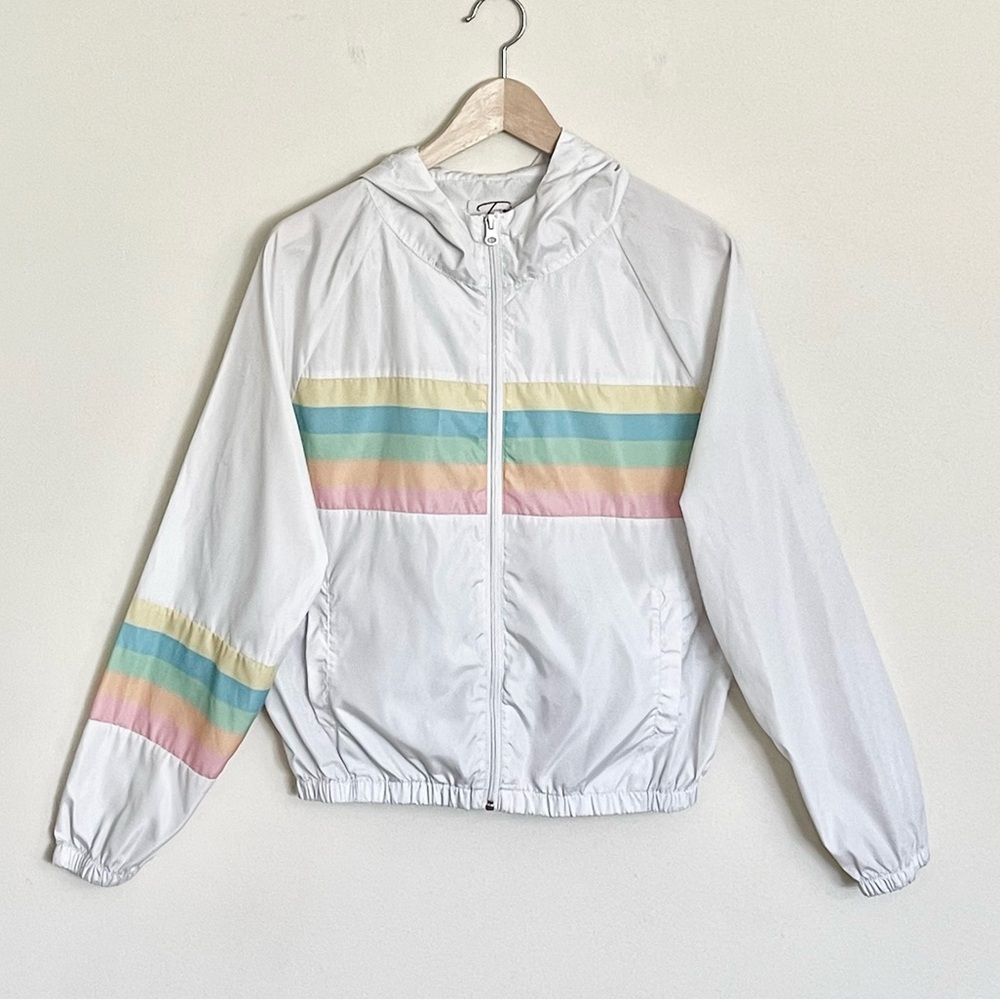 Twain Retro Rainbow Pastel White Zip Up Windbreaker Jacket Women’s Medium - Picture 2 of 10